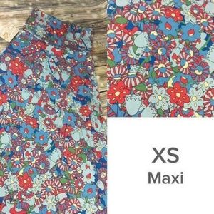 LuLaRoe Maxi Skirt XS Red Blue Swirl Floral Design